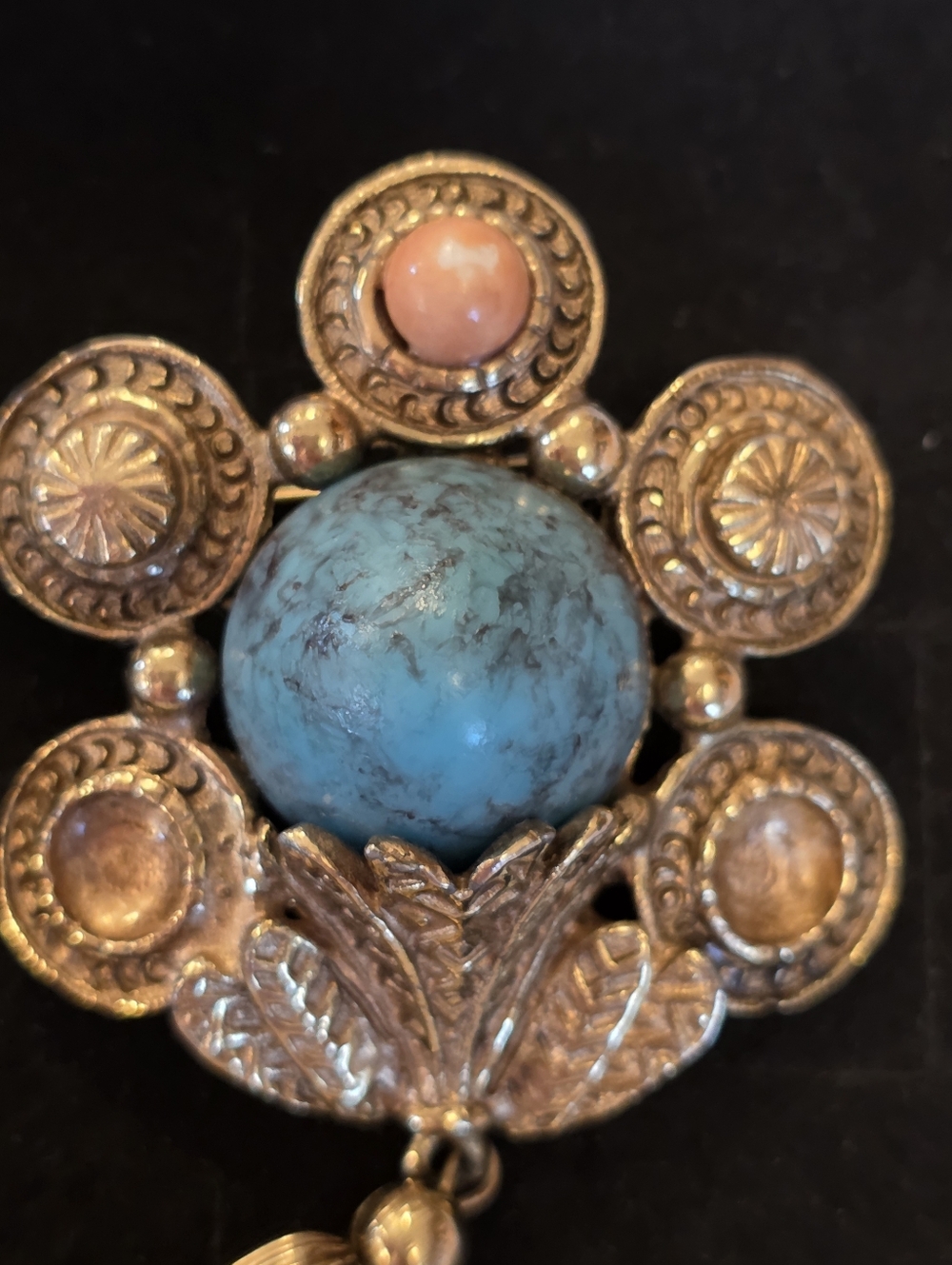 Vtg Art Deco Victorian Faux Turquoise Coral Chain Gold-Tone Tassel Brooch READ - Picture 10 of 14